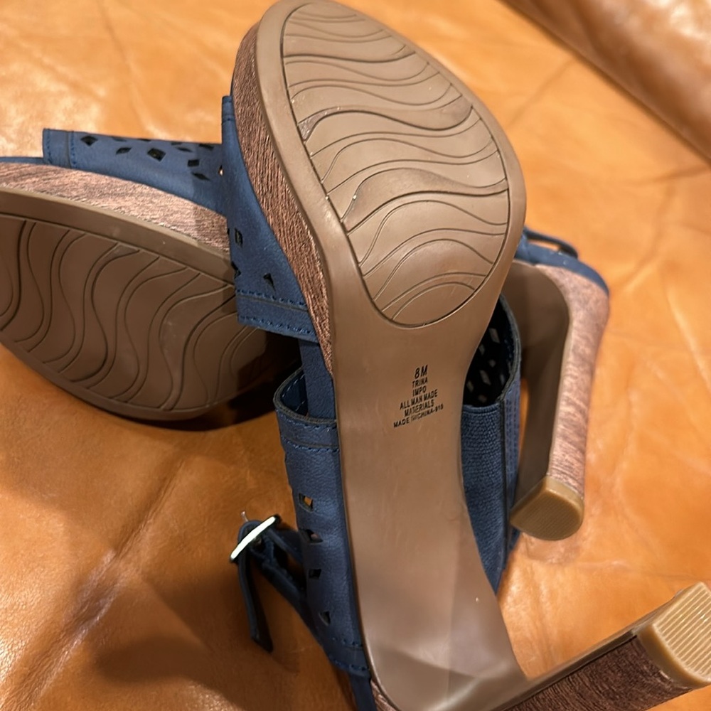 Impo Brand Sandal Heels in Blue with Faux Wood Heel - Picture 11 of 11